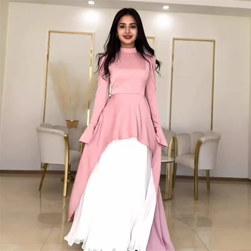 Half High Collar Pagoda Sleeve Women's Prom Dress Sheath Slim A-Line Skirt Elegant Pink White Pleated Party Gown Newest In Stock