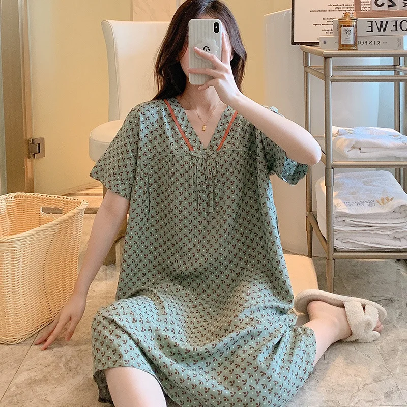 Summer Women's Nightdress Cotton Silk V-neck Sweet  Night Gown Sexy Night Wears For Ladies