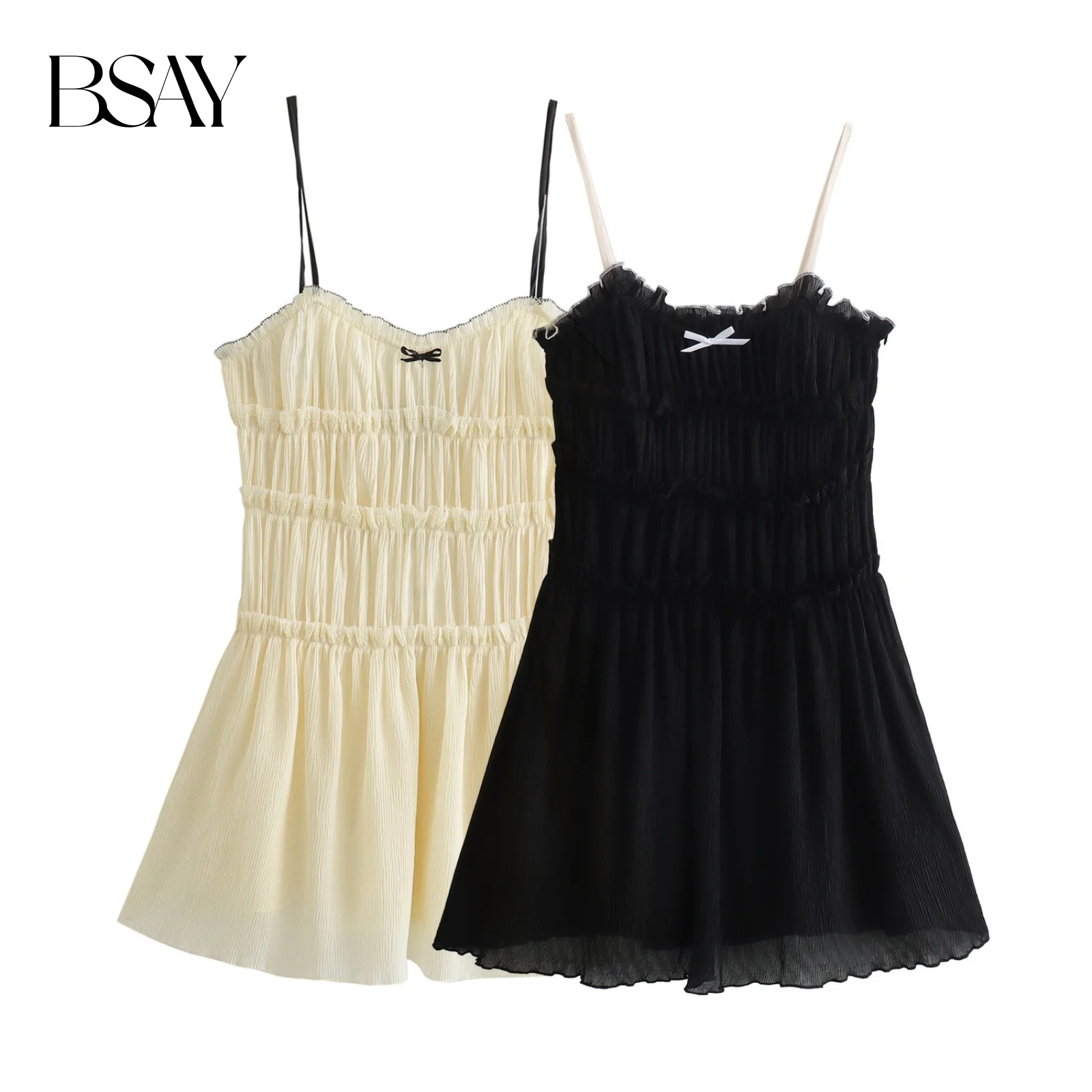 Bsay moda feminina verão em camadas emenda arco textura sem mangas sexy estilingue sem costas a linha mini vestido chique feminino noite