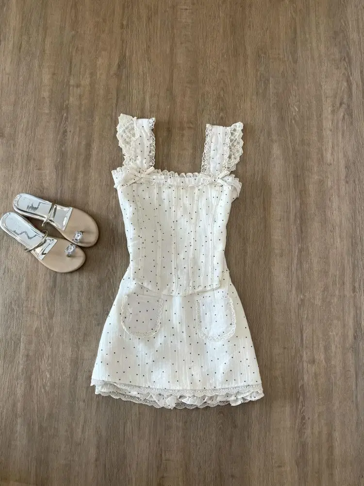 Korean Gentle Style 2-piece Summer Beach Polka Dot Lace Top Temperament Waist Cinching Skirt Ropa Mujer 니트 스커트