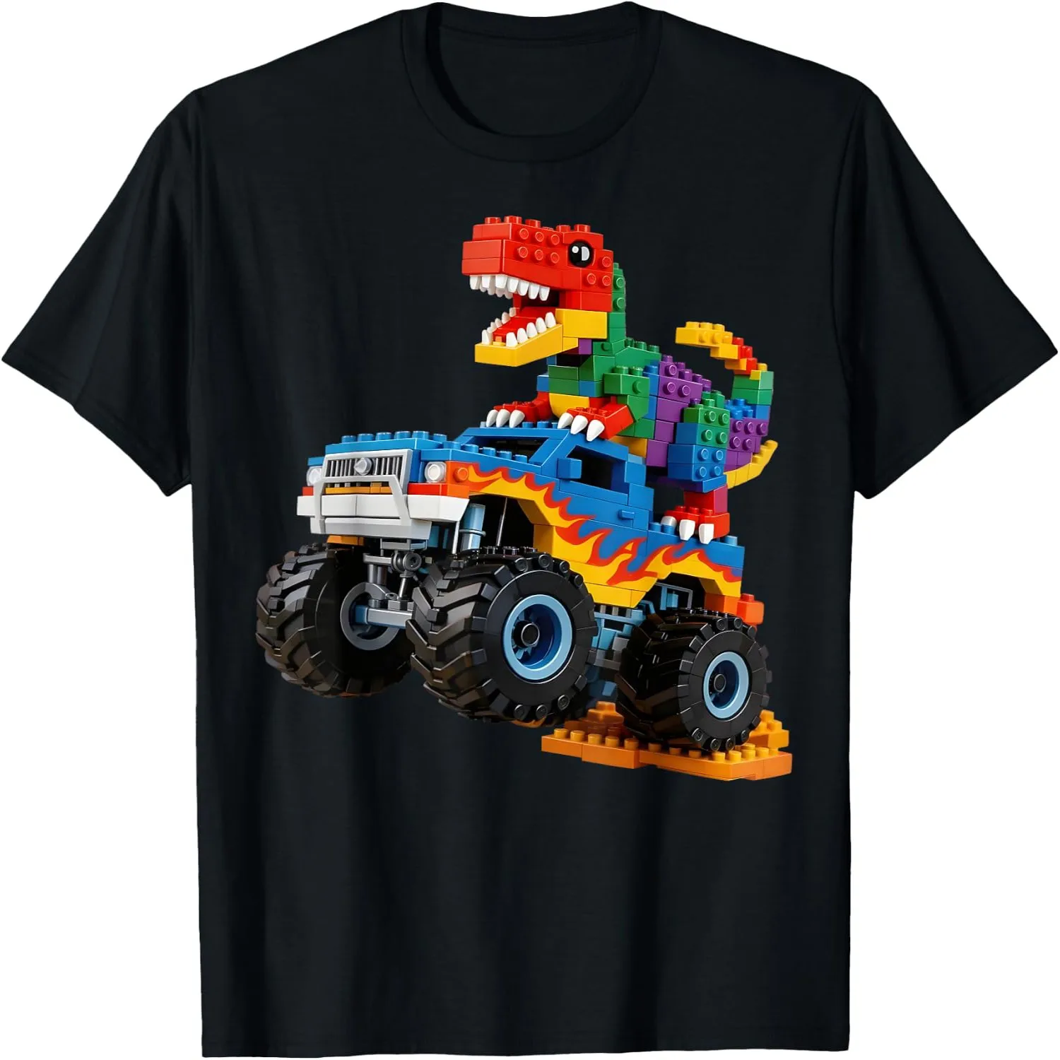 Building Bricks Monster Truck Dinosaur Gifts for Boys Kids T-Shirt 100% cotton short sleeve tee