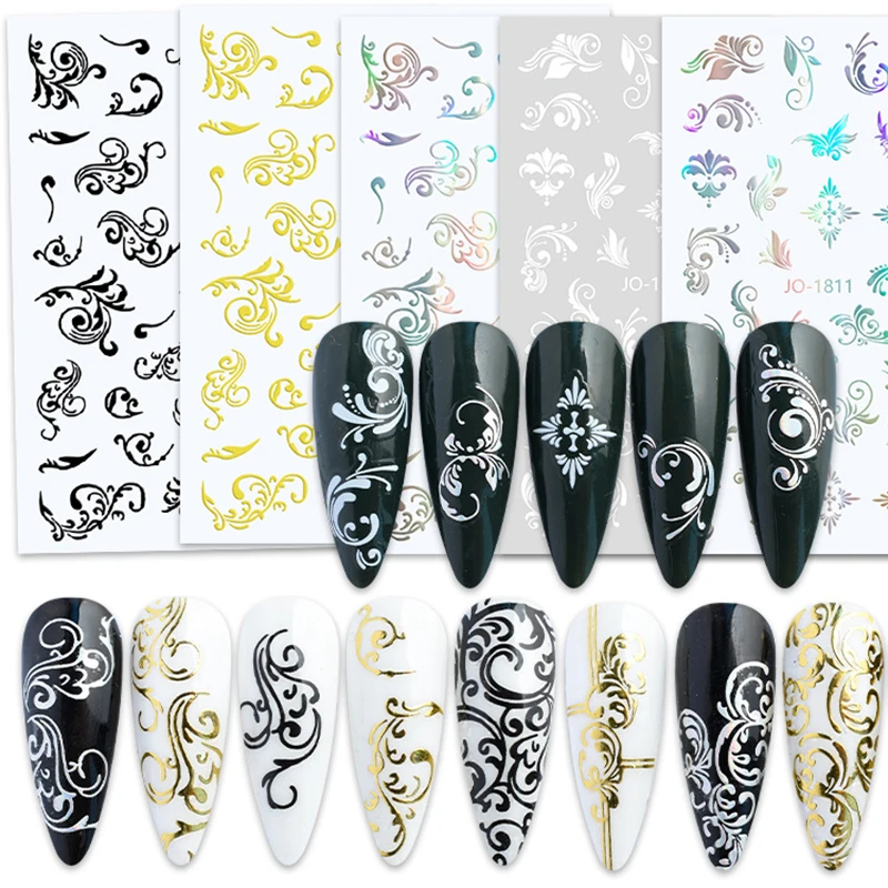 

3D Retro Wave Totem Nail Art Decals Nail Stickers Gold Black and White Stereo Rattan Flower Stickers Nail Art Supplies