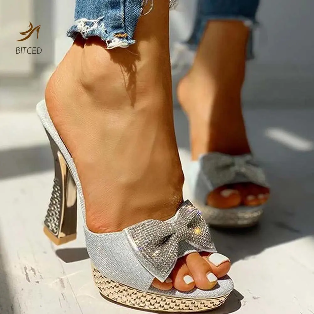 Trendy Fashion Female Bowknot Sexy Slippers 2022 Summer Slippers Women Platform Crystal Thick High Heels Shoes Woman