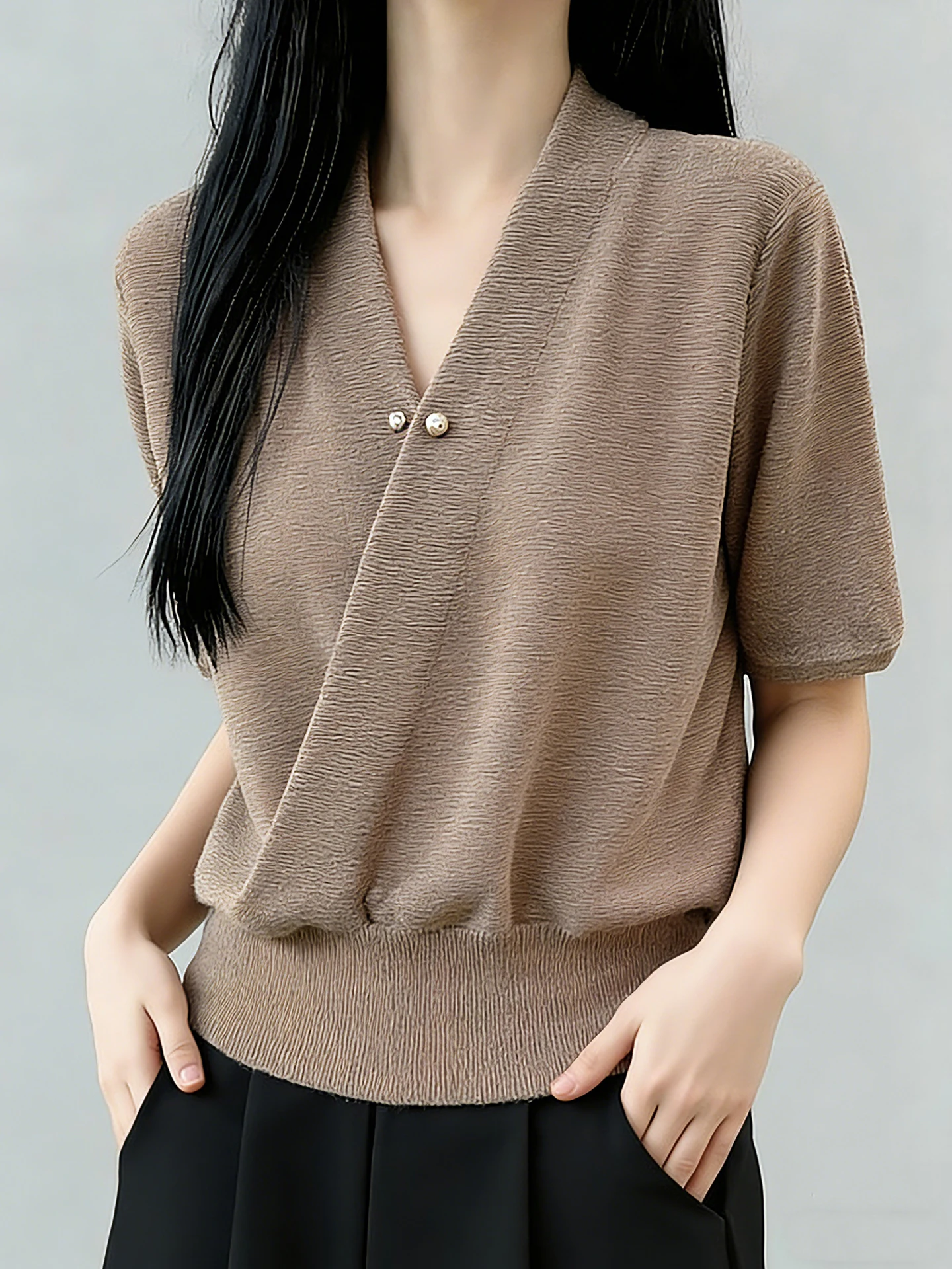 

Laid-back V-neck Knitwear Color Simple Style Short Sleeve Fashionable Small Shirt Spring Summer Versatile Breathable Wo...