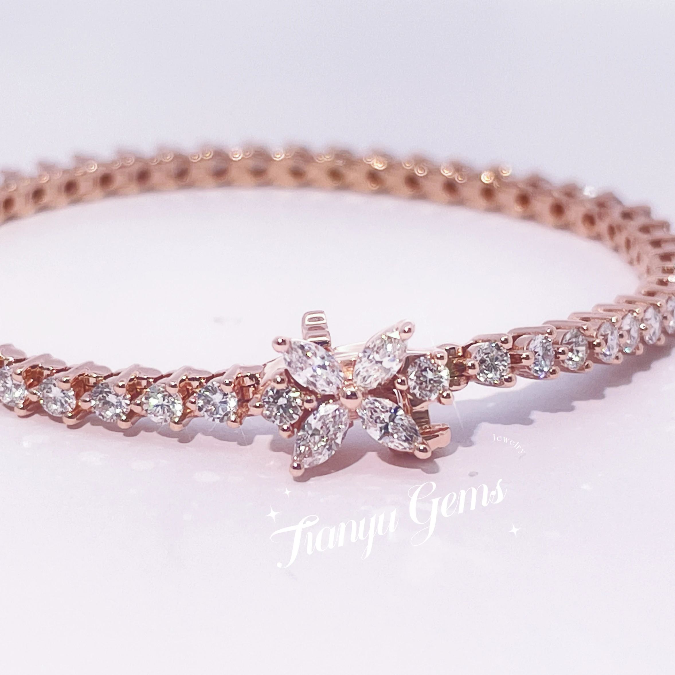 Tianyu Gems 2.5ctw Lab Diamonds 14K Rose Gold Tennis Bracelets 2x4mm Marquise 2.1mm Round Diamond 3 Claw 5.5