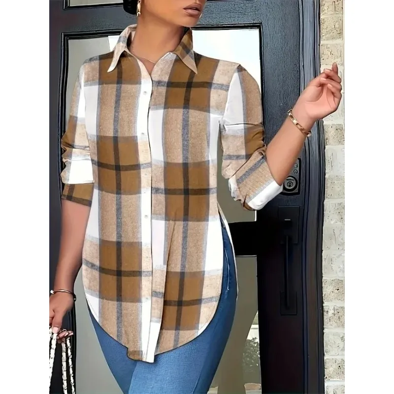 

Women's Fashion Plus Size 1XL-5XL Simple Versatile Long Sleeved Shirt Plaid Printed Shirt Loose Casual Lapel Design Shirt