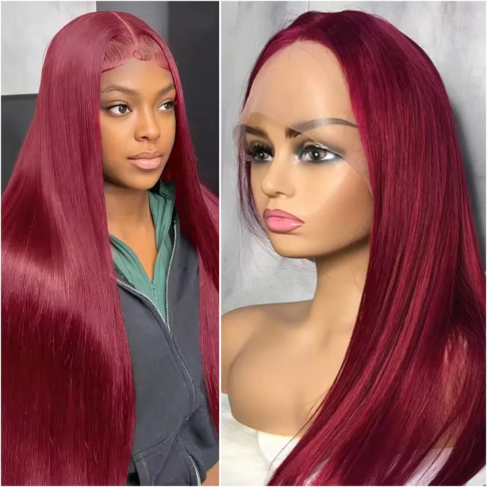 

200% 36 Inches Burgundy Straight 13x4 Lace Front Wig 99J Colored 100% Human Hair 13x6 HD Lace Frontal Wigs Pre Plucked For Women