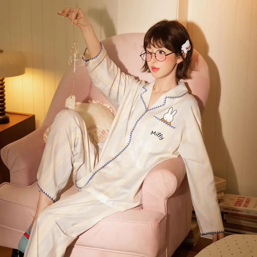 

Комплект пижамы «Миффи» с полосками и узором кролика, синяя отделка, мягкая одежда для сна для женщин, милая домашняя одежда с мультяшным принтом, повседневная одежда для дома