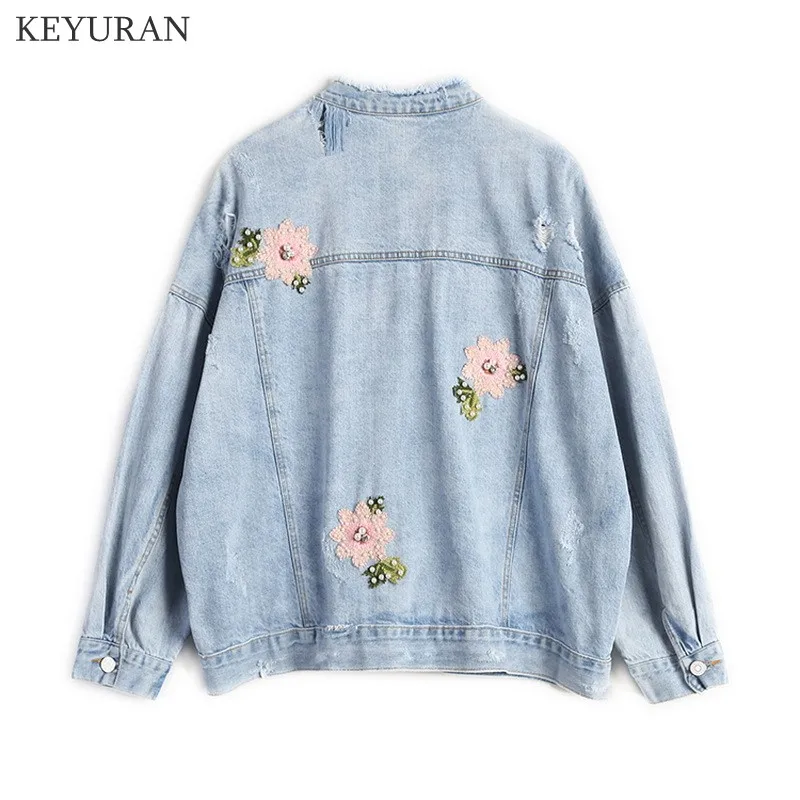 Fashion 3D Floral Embroidery Denim Jacket Women’s 2023 Spring Full Sleeve Loose Ripped Hole Pearls Beading Short Leisure Coat