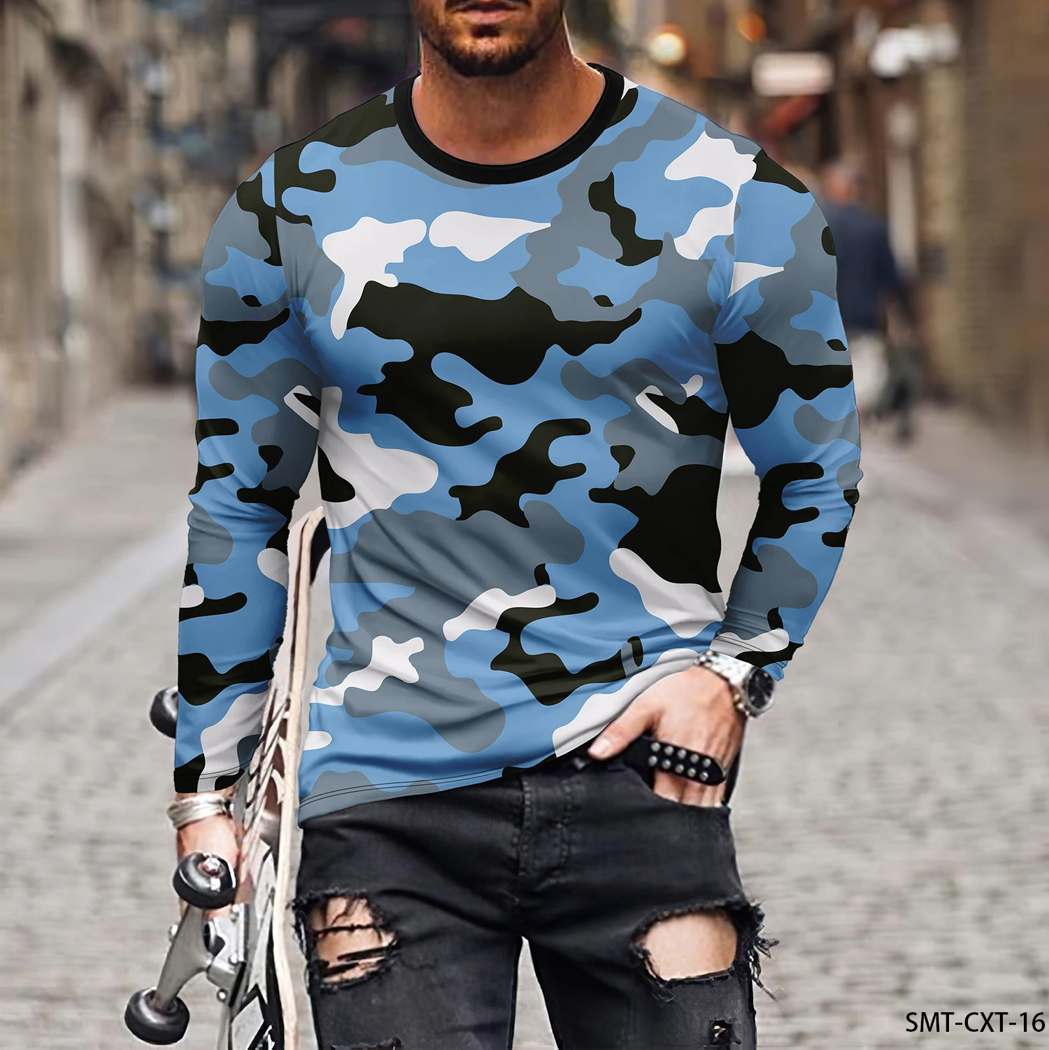 Camo printed autumn men\'s round neck T-shirt casual long sleeved T-shirt large pullover fashion trend men\'s clothing