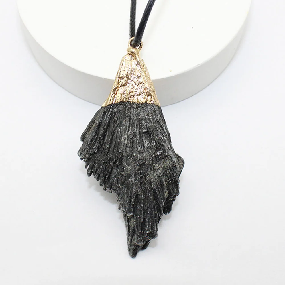 Natural Black Tourmaline Feather Shape Raw Stone Pendant with Gold Cap Wrapped Irregular Mineral Specimen