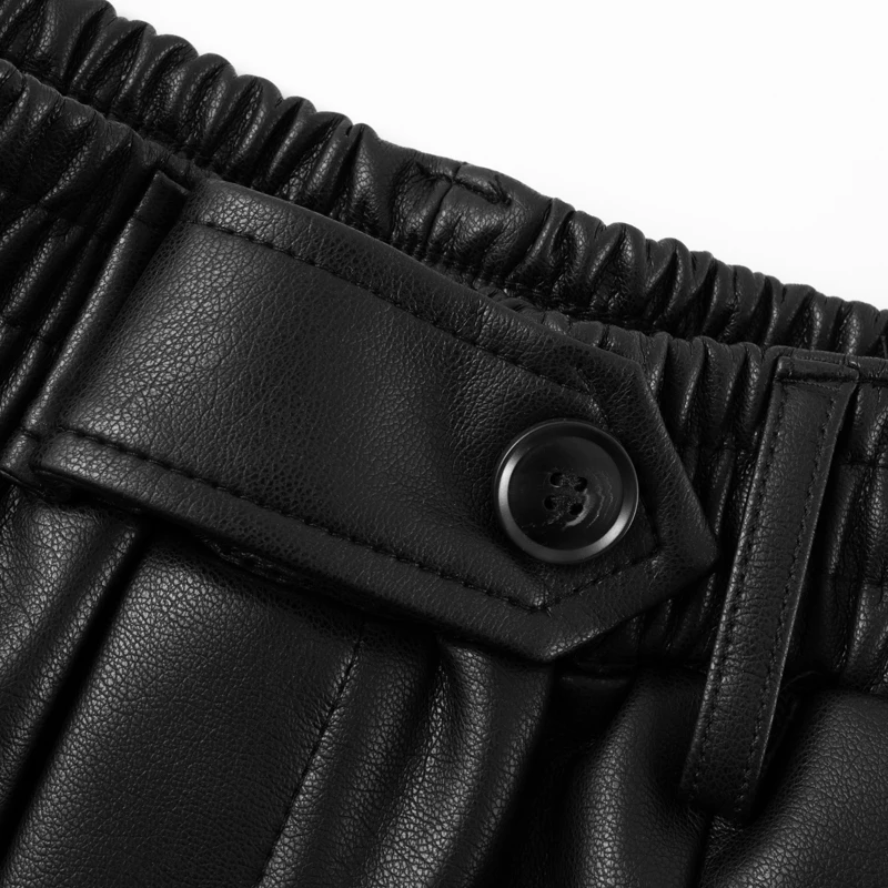 2026 ربيع وصيف جديد عالية الخصر بولي Leather السراويل الجلدية المرأة عادية فضفاض مرونة الخصر ألف خط واسعة الساق التخسيس التمهيد السراويل #3