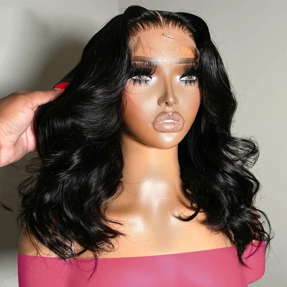 

200% Density 13x4 Short Bob Body Wave Lace Frontal Wig Brazilian 100% Human Hair 4x4 Transparent Closure Lace Wigs Women 14 Inch