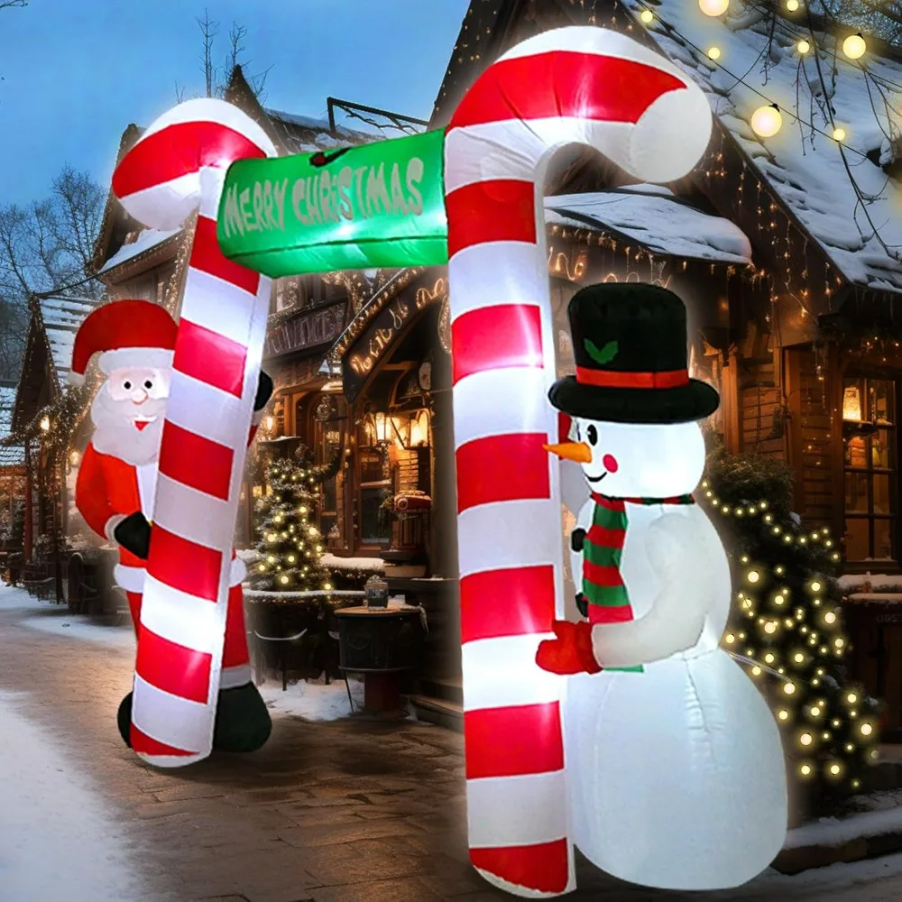 9-foot Christmas inflatable candy cane arch with Santa Claus and snowman, Christmas party, holiday lawn, winter decoration