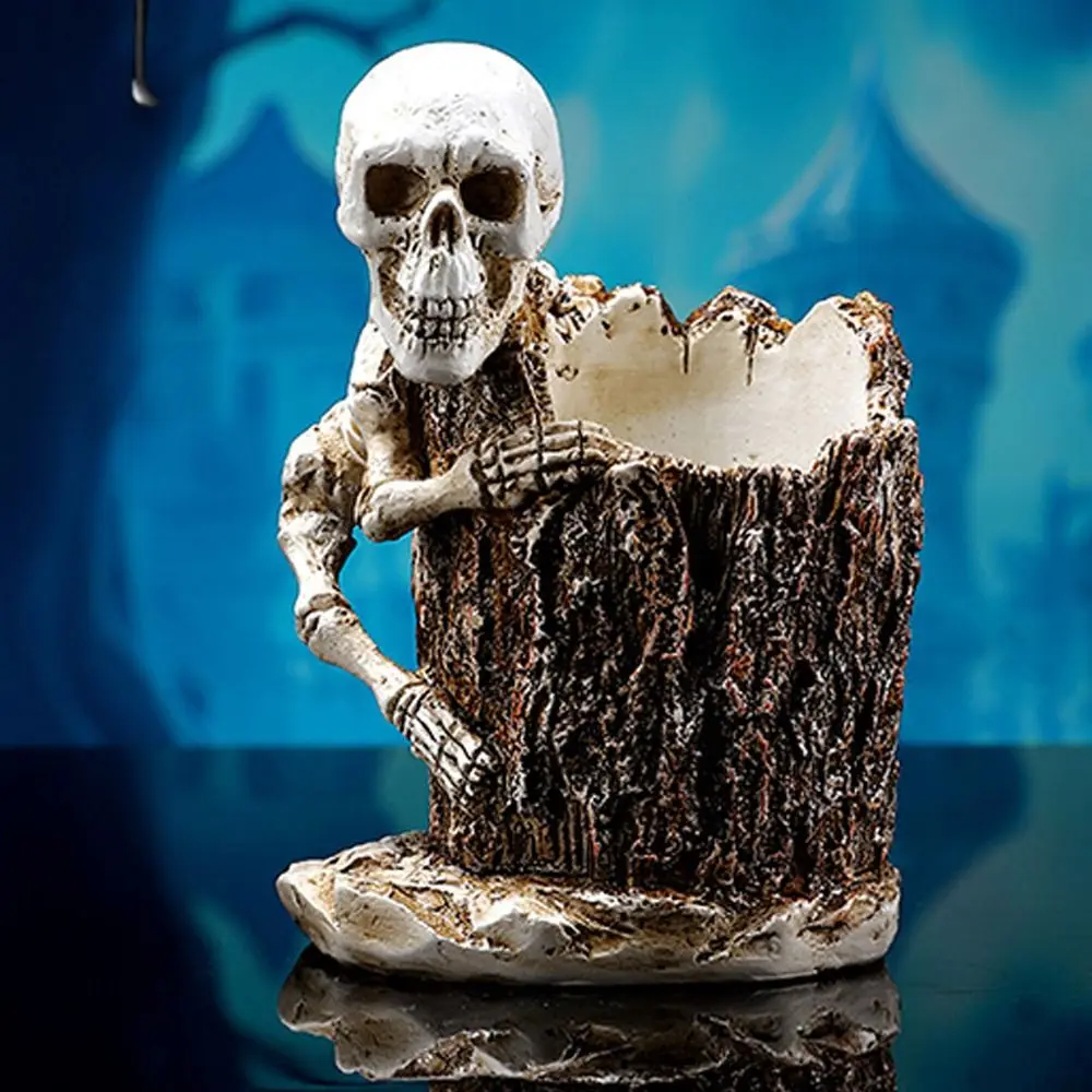 Spaventoso Halloween Teschio Portapenne Artigianato in resina Festival Scheletro Statua Ornamento Divertente Scheletro Portaspazzolino Casa stregata
