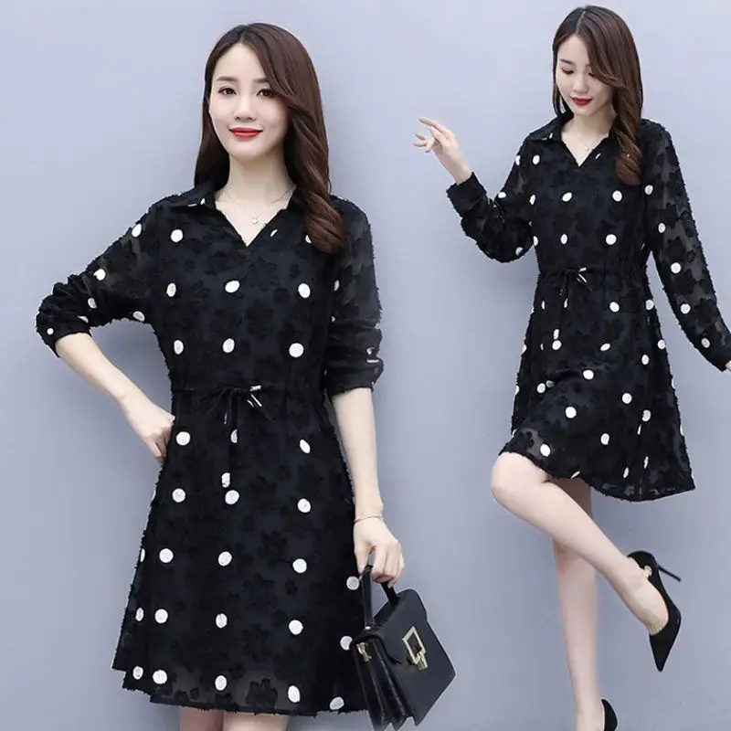 Loose Simplicity Dot Pattern Knee Skirts V-neck Drawstring Dresses Casual Women's Clothing 2023 Summer Thin Elegant Elbow Sleeve