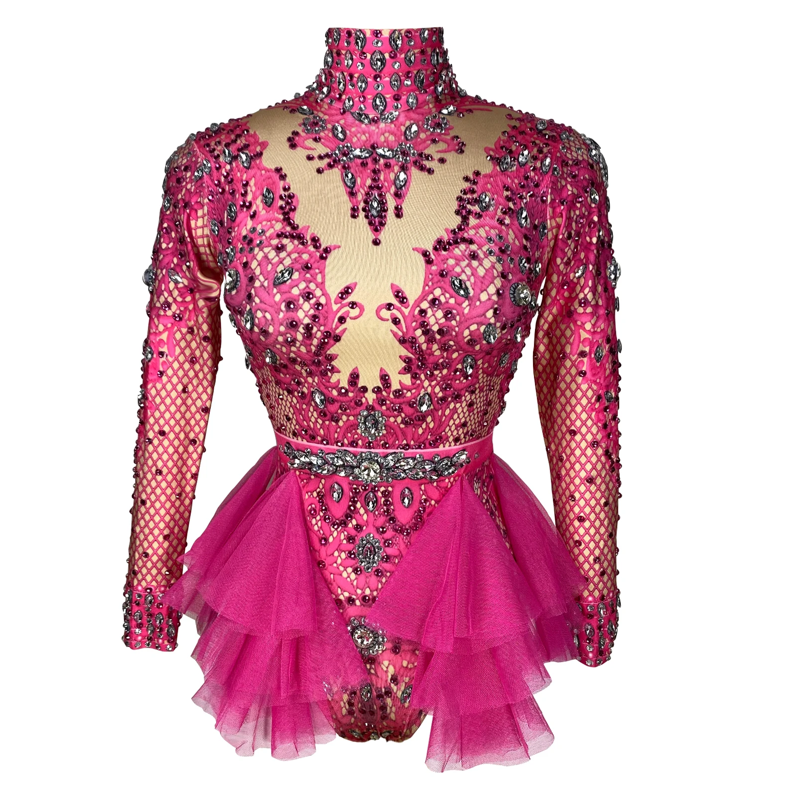 red yelleo pink Rhinestone bodysuit women Ruffle Tights Big Stretch Nightclub Dance Party performance Costume Stage Singer Show