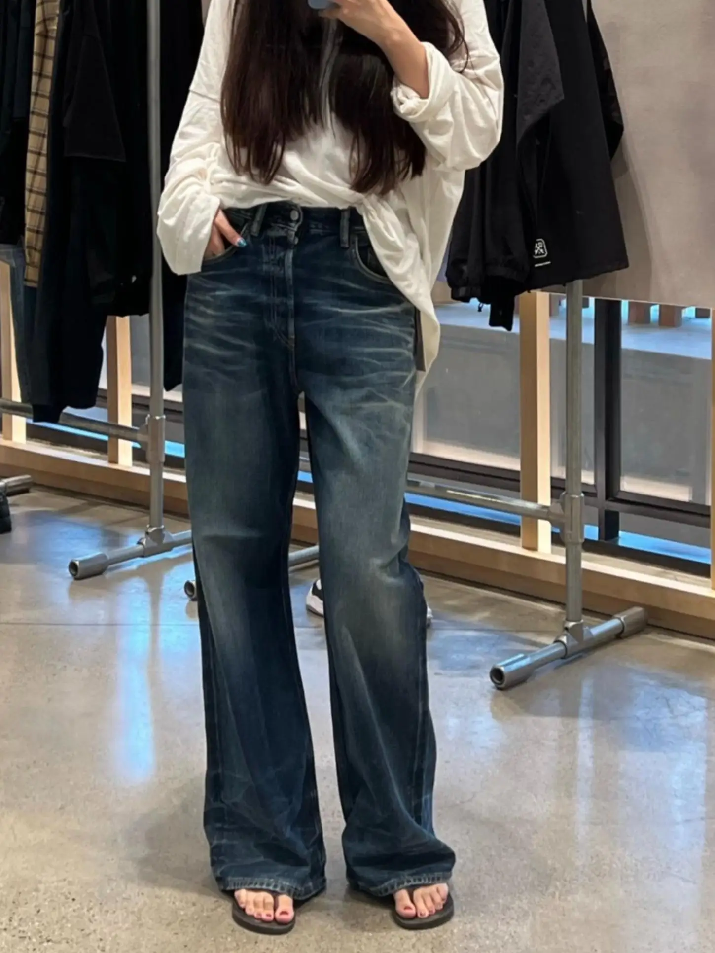 

Deep Blue Water Ruffle Denim Jeans Men's Straight Leg Loose Fit Autumn Winter Waed Casual Trousers for Couples