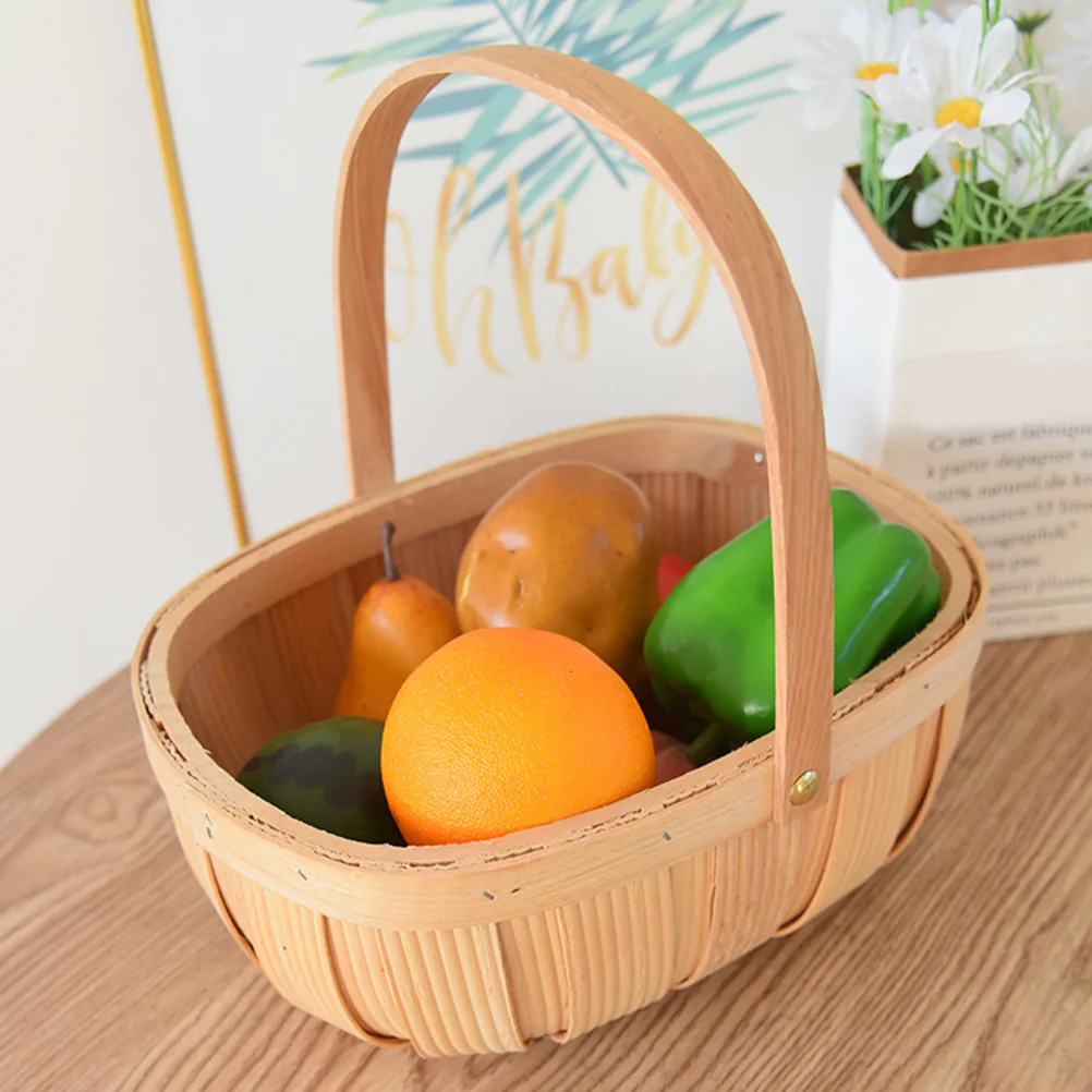 

2pcs Fruit Basket Woodchip Vintage Style Large Capacity Picnic Hamper For Camping Harvesting Vegetable Storage Woven Handle