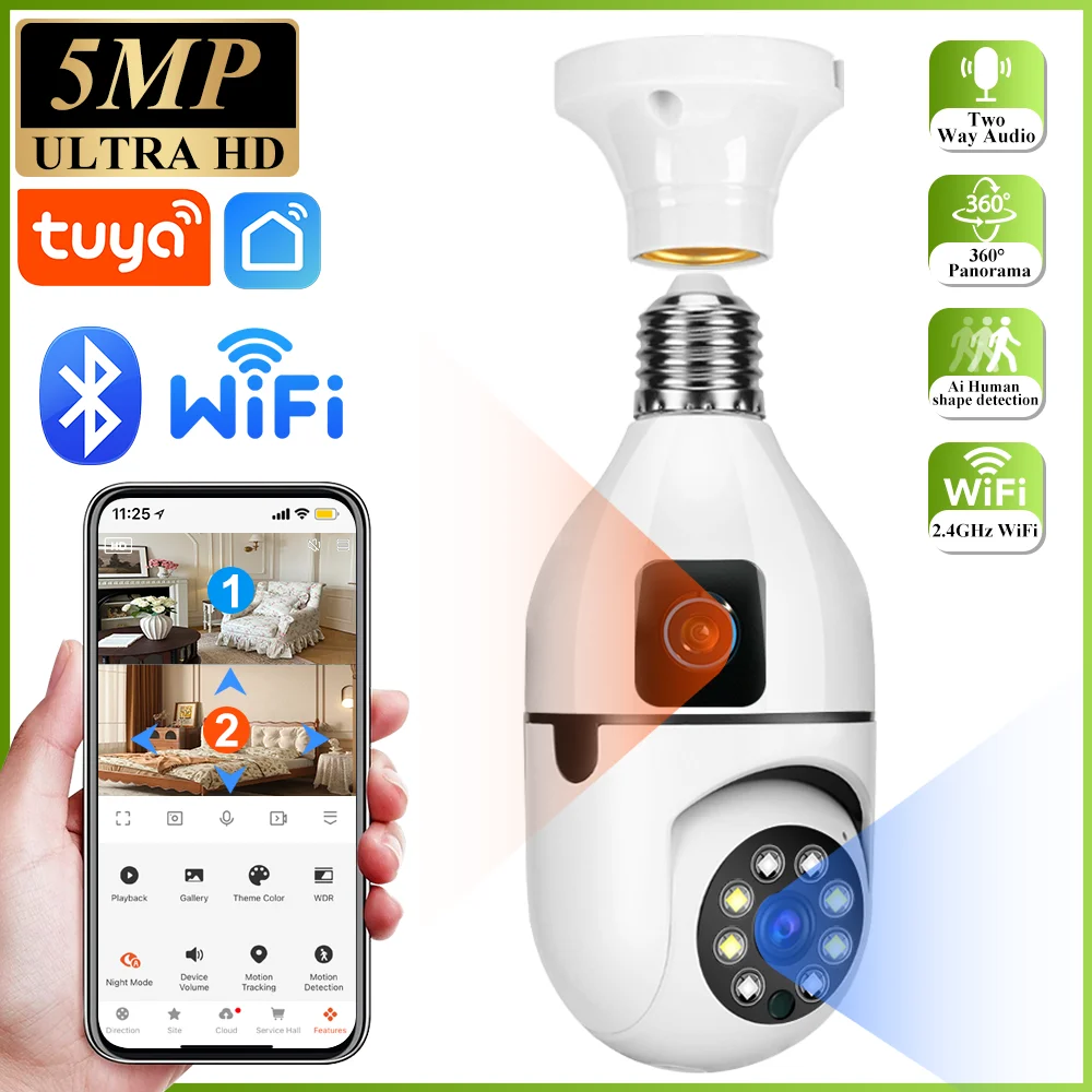 

Tuya 5MP HD CCTV PTZ WiFi Двойной объектив Экран E27 Камера с лампочкой Smart Life Камера видеонаблюдения Ai Автоматическое отслеживание человека