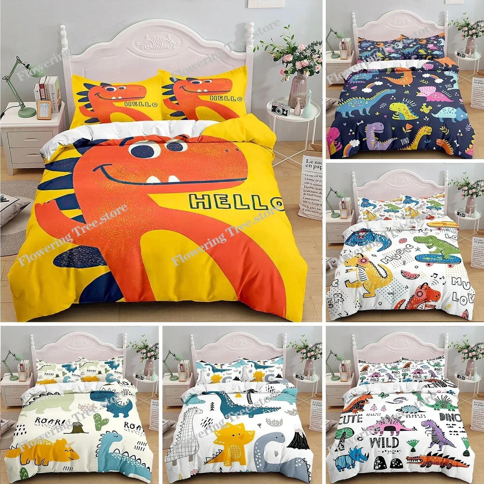 

Kids Cartoon Dinosaur Bedding Set KingQueenFull Size,Cute Animal World Duvet Cover Orange Yellow Polyester Quilt Cover