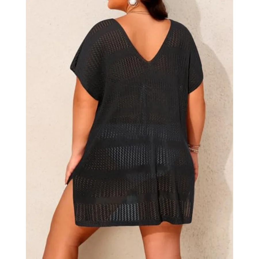 Pinup Fashion Plus Size Crochet Cover Ups Women Short Sleeve Split Swimsuit Coverups