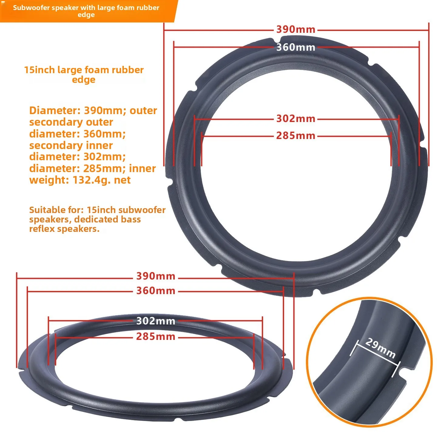 MW Audio, set van 2 rubberen randen voor luidsprekers, 6,5"/8"/10"/12", reparatieband voor de rand van een subwoofer.
