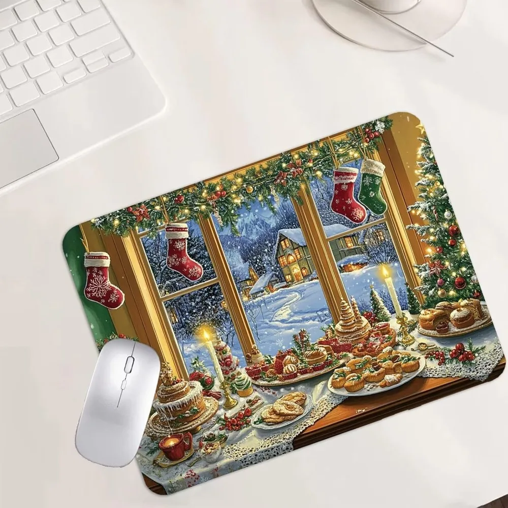 Christmas Food Window Scene Large Gaming Mouse Pad XL Winter Snow Town Desk Mat Extended Mousepad for Holiday Decor
