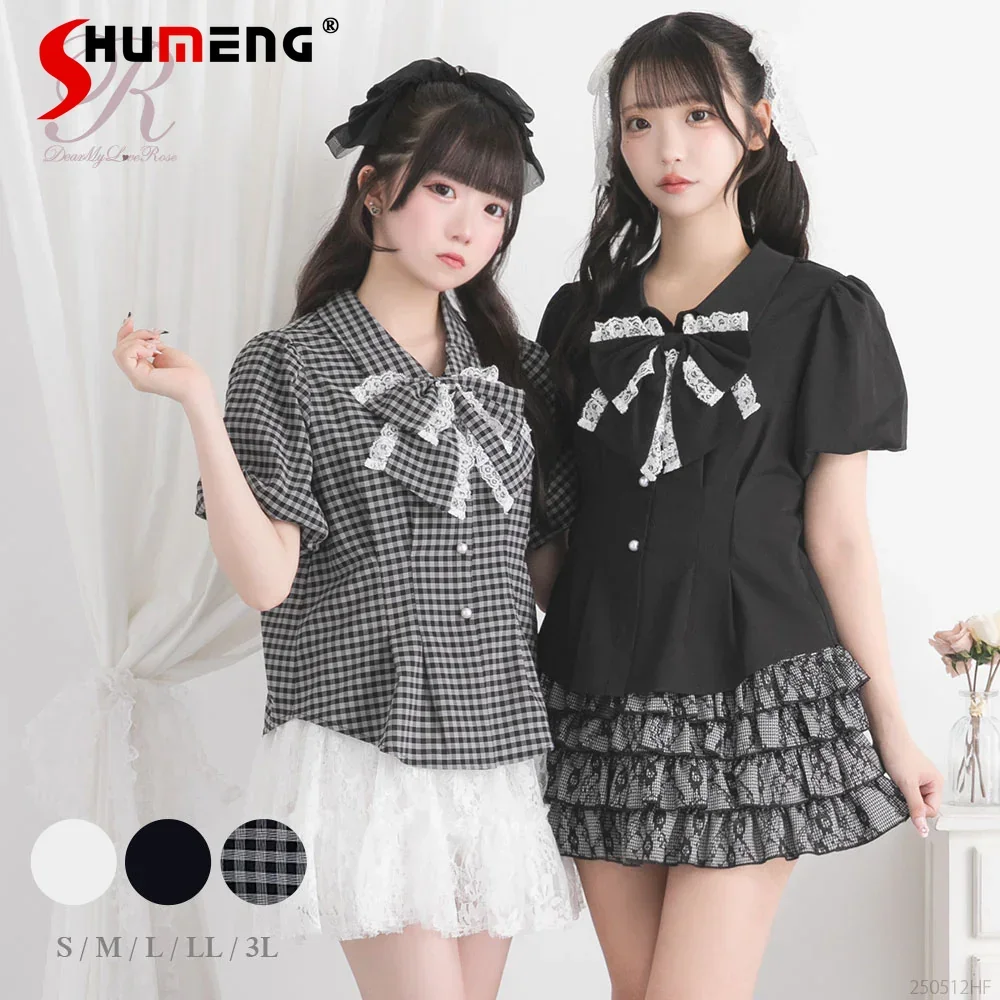 

Japanese Mine Style Sweet Cute Blouses Lace Bow Doll Collar Puff Sleeve Single-breasted Versatile Lolita Shirt Tops Women Summer