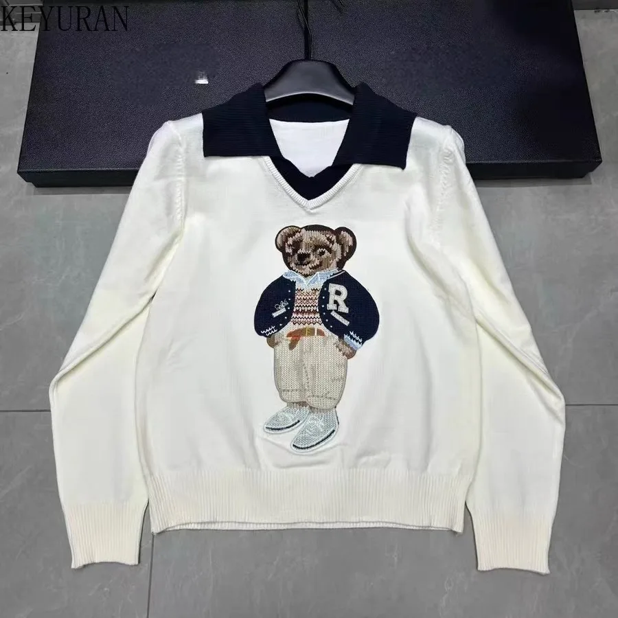 

2025 New Autumn Korean Fashion Cartoon Embroidery Knitted Sweater Women French Long Sleeve Pullover Sweaters Tops Ladies Jumpers