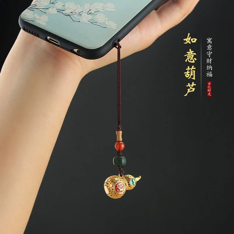 DIY accessories Retro Ruyi gourd lock mobile phone lanyard brass sand gold cloisonne detachable mobile phone chain personalized