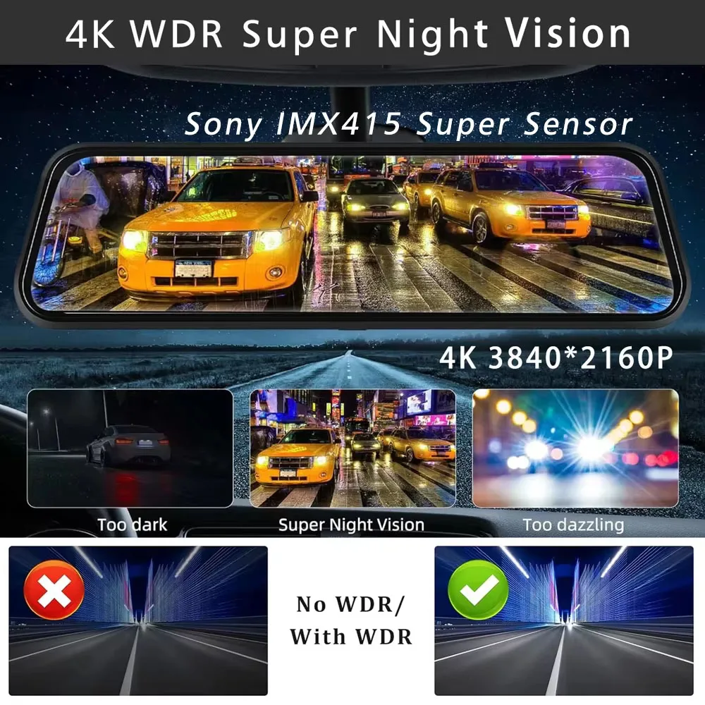 10 Inch 4K 3840*2160P Dash Cam Carplay Android Auto Car DVR Dual Lens Wifi GPS BT FM Video Drive Recorder Stream Mirror Dashcam