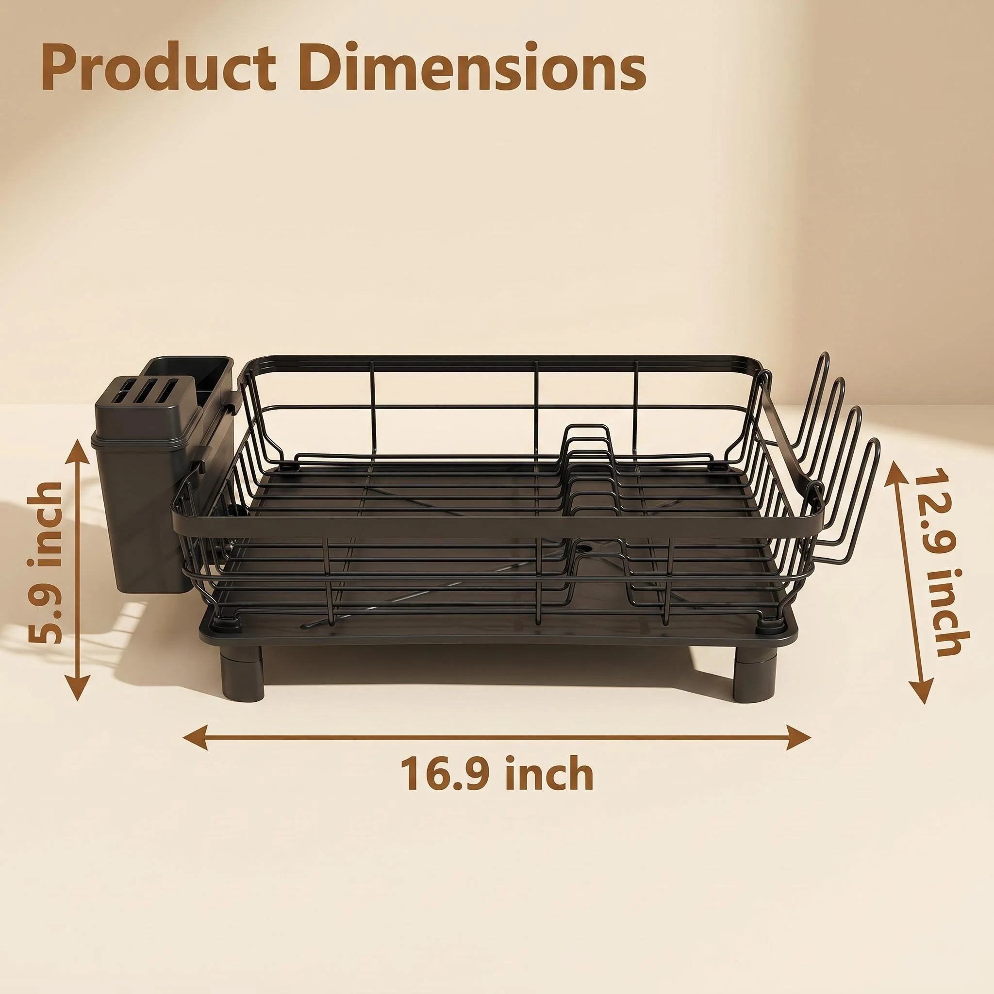 Large-capacity black carbon steel dish drying rack with cup holder and drainage system, kitchen storage organizer.