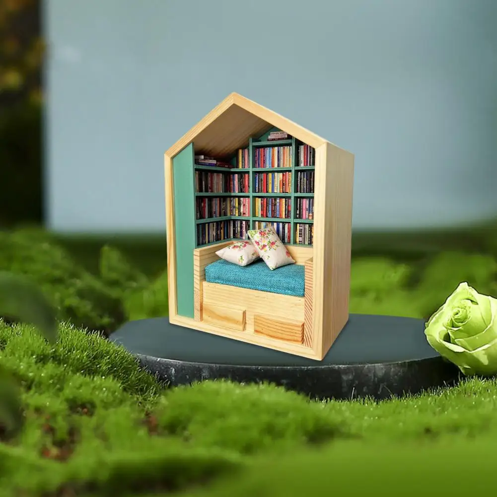 Solid Wood Bookroom Figurine Wooden Miniature Book Nook Decoration for Book Lovers Mini Bookroom Figurine Ornament Shake Away