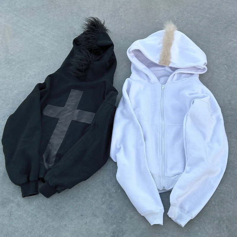 面白いクロスプリントのぬいぐるみ帽子、原宿スタイルの特大ジッパー付きパーカー、2026年Y2K風の春服（男女兼用）