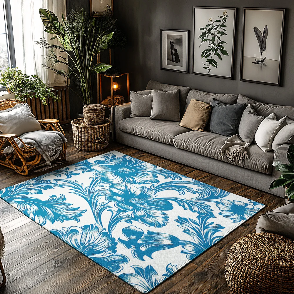 

Винтажный синий ботанический коврик, моющийся нескользящий напольный коврик для гостиной, спальни, домашний декор, коврик для прихожей в фермерском доме, в помещении