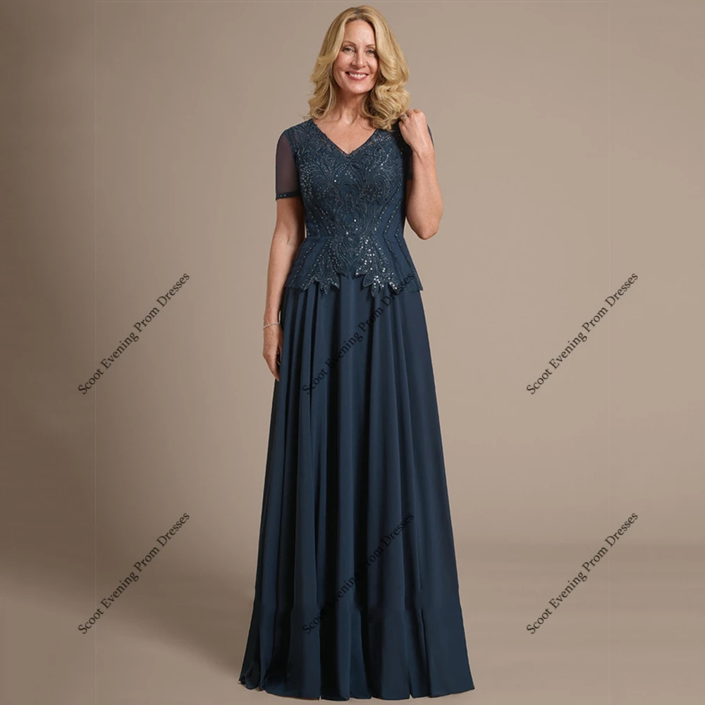 여성을위한 쉬폰 짧은 소매 웨딩 파티 드레스와 신부 드레스의 네이비 블루 어머니 2025 Summer New Robe De Soirée