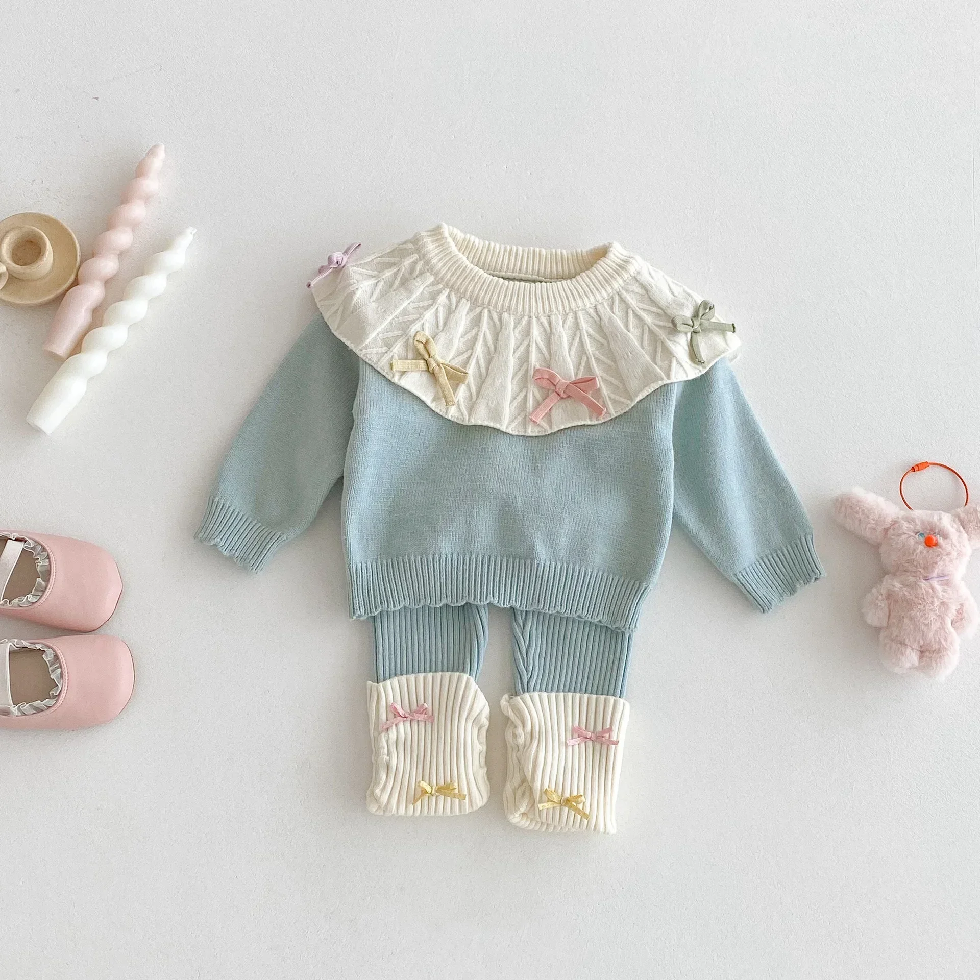 

0-3Y Baby Girl Knitted Set Doll Collar Bowknot Decor Sweet Long Sleeve Top & Pants Two-Piece Outfit for Toddler Girls