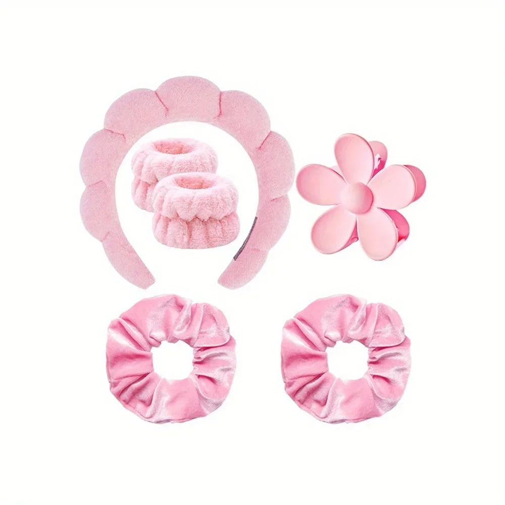 

6pcs/set Women Puffy Sponge Hairband Set Spa Headband Wristbands Hair Clip Scrunchies for Washing Face Makeup Shower Skincare