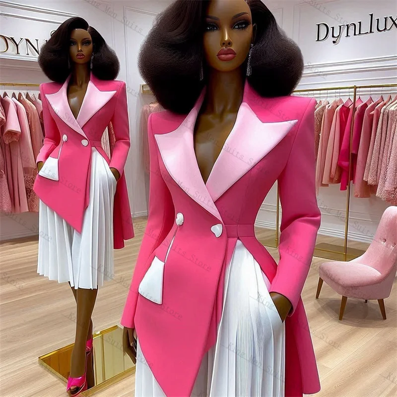 

Pink White Women Suit Skirt Set 2 Pieces Blazer+Midi Prom Dress Customized Autumn Fall Formal Wedding Tuxedos Guest Coat