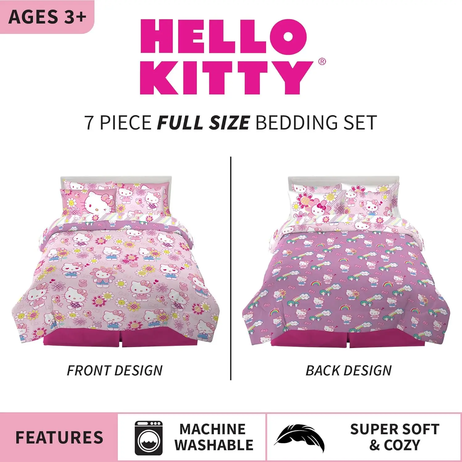 Kids Bedding Super Soft Comforter and Sheet Set with Sham, 7 Piece Full Size, Hello Kitty