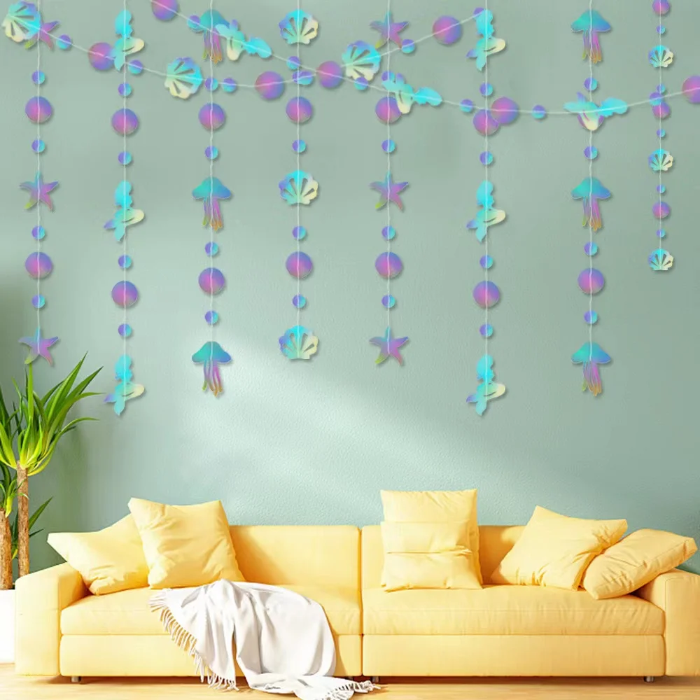 4PCS TOTAL 16M Iridescent Mermaid Garland Stream for Little Mermaid Rainbow Theme Birthday Bachelorette Baby Shower Party Decor