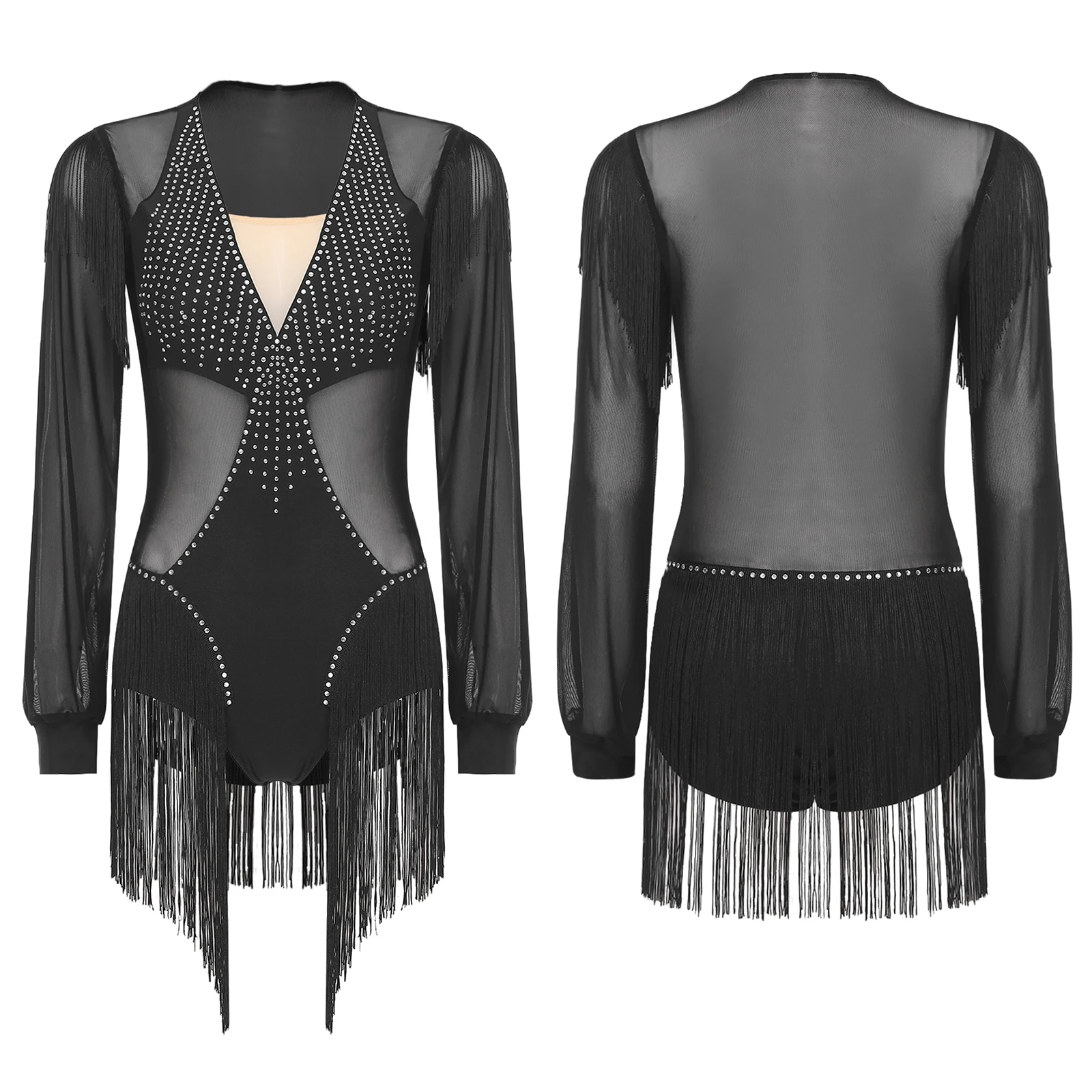 

Women Rhythmic Latin Tango Fringe Dance Leotards Rhinestones Long Sleeve Stylish Bodysuits for Salsa Rumba Latin Dancewear