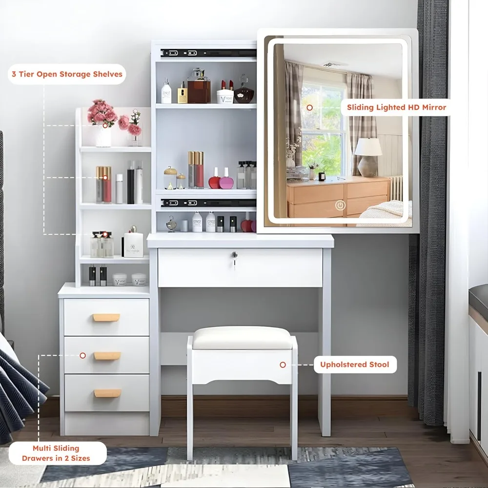 مكتب مكياج مع مرآة وأضواء، طاولة زينة مع مرآة منزلقة وأدراج وأرفف تخزين ومقعد