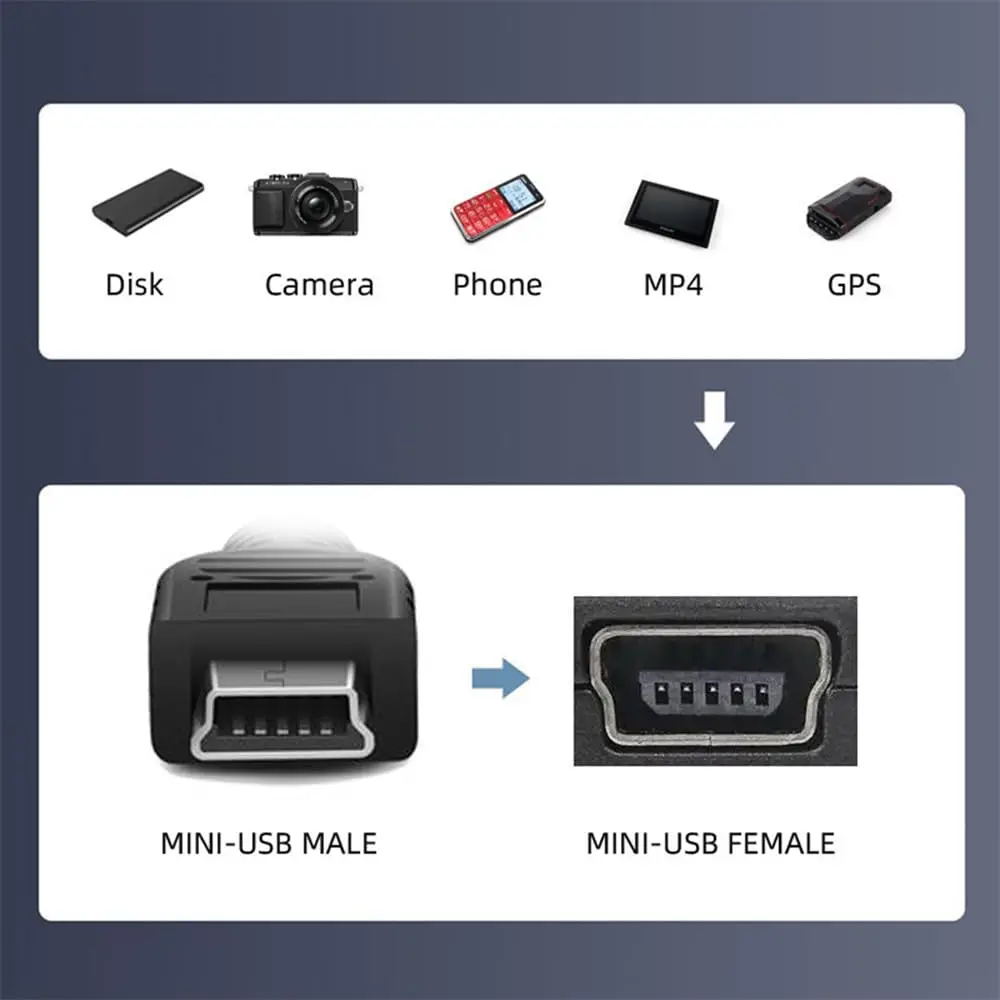 90 Degree Left Angled Mini USB 5Pin Male to Female Extension Cable for GPS Camera 30cm