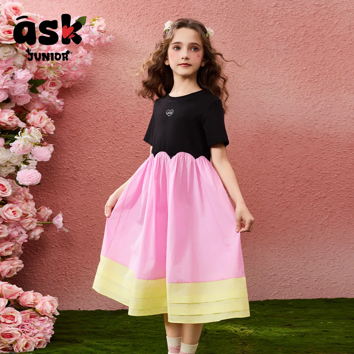 تي شيرت صيفي قصير الأكمام للأطفال الصغار من Ask Junior، فستان متوسط الأكبر سنًا للأطفال بألوان متباينة للفتيات بحاشية على شكل ورقة اللوتس #2