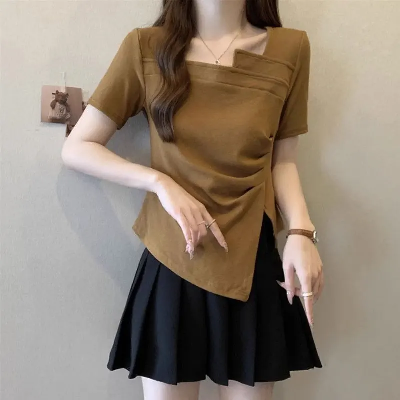 

Basic Solid Color T-shirt Chic Asymmetrical Folds Summer Casual Spliced Irregular Women's Clothing Skew Collar Waist Pullovers