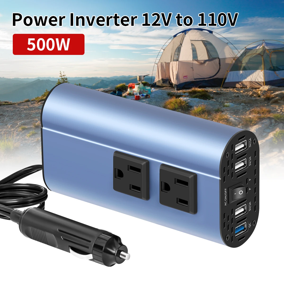 Modified Frequency Inverter Double receptacle 4USB 500W  DC12V To AC110V Ports Car Adapter Portable Inverter