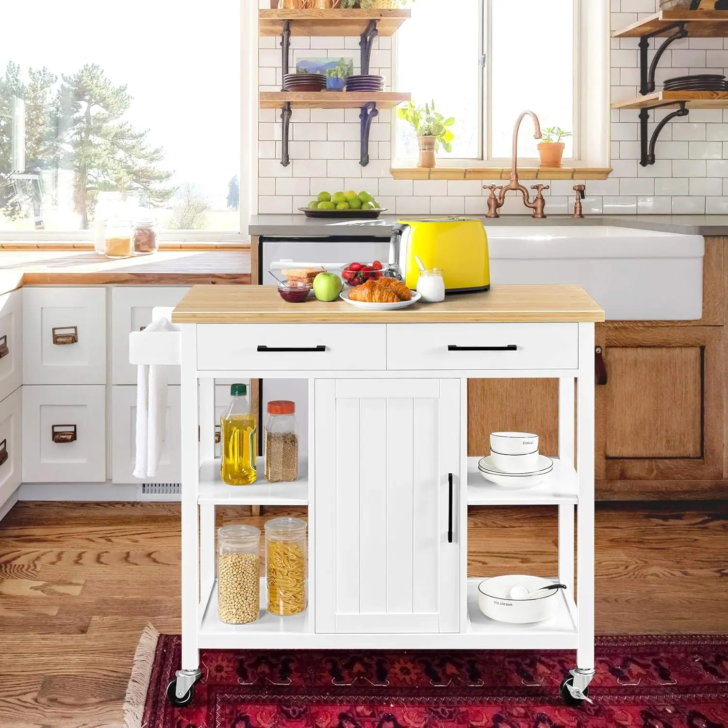 Kitchen Island Cart with Bamboo Countertop, Rolling Kitchen Storage Trolley with 2 Drawers and Adjustable Shelves