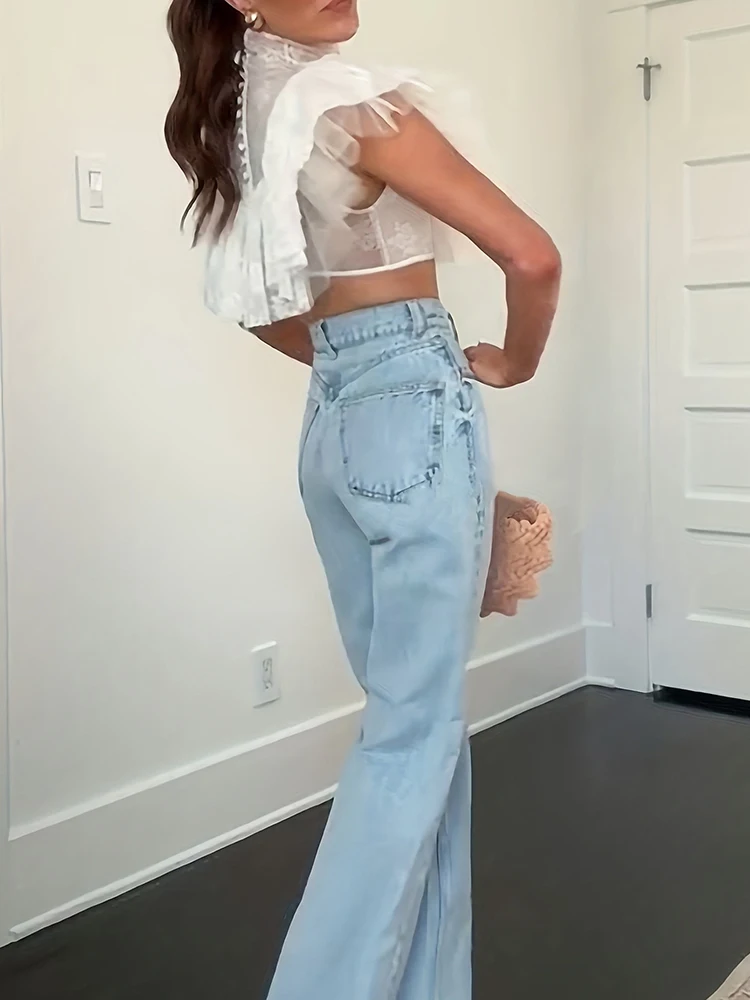 Elegant Lady Pure Color Flying Sleeve Tops Sexy Mesh See-through Commute Women Vest Fashion Turtleneck Lace Hollow Out Crop Tops